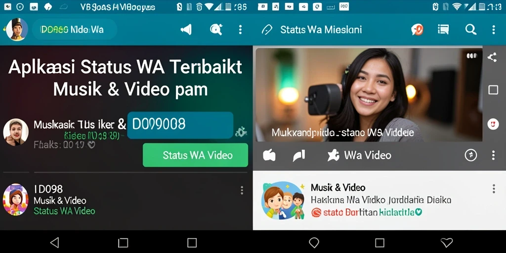 Antarmuka aplikasi ID098 menampilkan berbagai video untuk status WhatsApp.